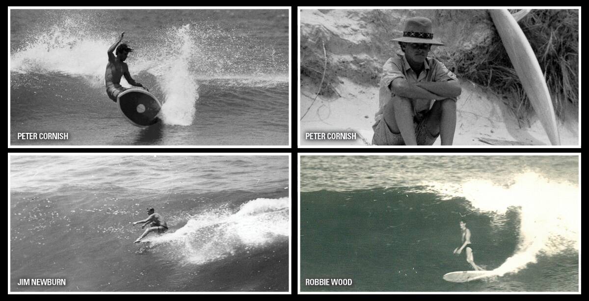 STYLE: The top two photos of Peter Cornish were taken on a 1968 trip to Treachery, with surf photographer Ric Chan. The photos of the late Jim Newburn with a 'stretch five', and the late Robbie Wood, who married Cornish's sister Judy, are both of Merewether, and were taken by John Nute.