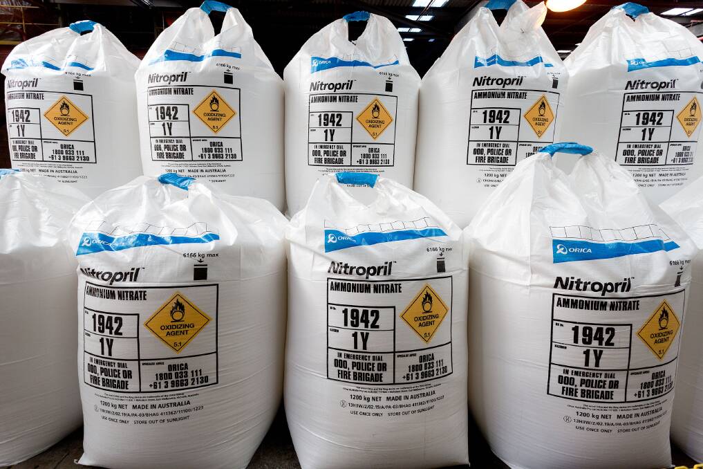 Ammonium nitrate produced at Kooragang Island and bagged ready for distribution. Picture by Orica