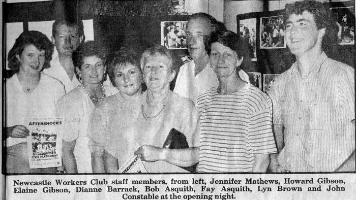 ONLY THE START: Jennifer Matthews, far left, with other Newcastle Workers Club employees - cleaner Howard Gibson ('the luckiest man alive,' as he called himself after walking out of the collapsed club), his wife Elaine Gibson, Dianne Barrack, wife of club president Peter Barrack, who died on Friday, Bob Asquith, Fay Asquith, Lyn Brown (who had to be rescued by crane from a tiny office high up in the club) and John Constable on the opening night of the play about the earthquake, Aftershocks
