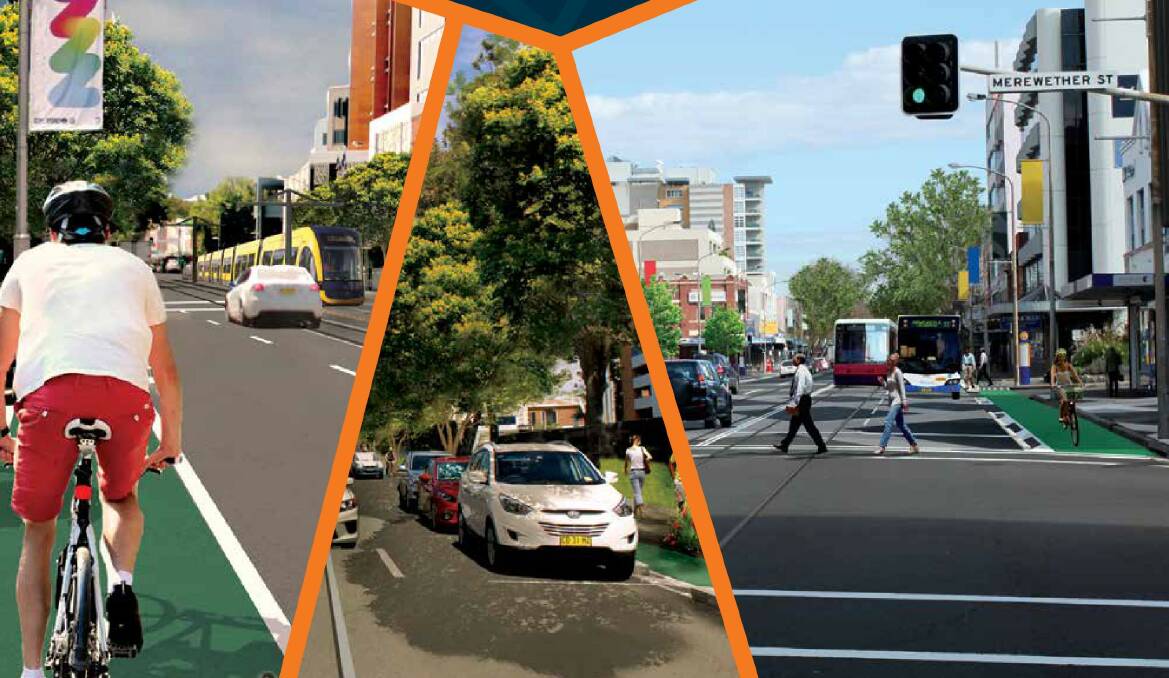 REJECTED PATH: Newcastle council artwork from 2016, showing its vision of a dedicated cycleway, beside cars and light rail, along a revamped Hunter Street.