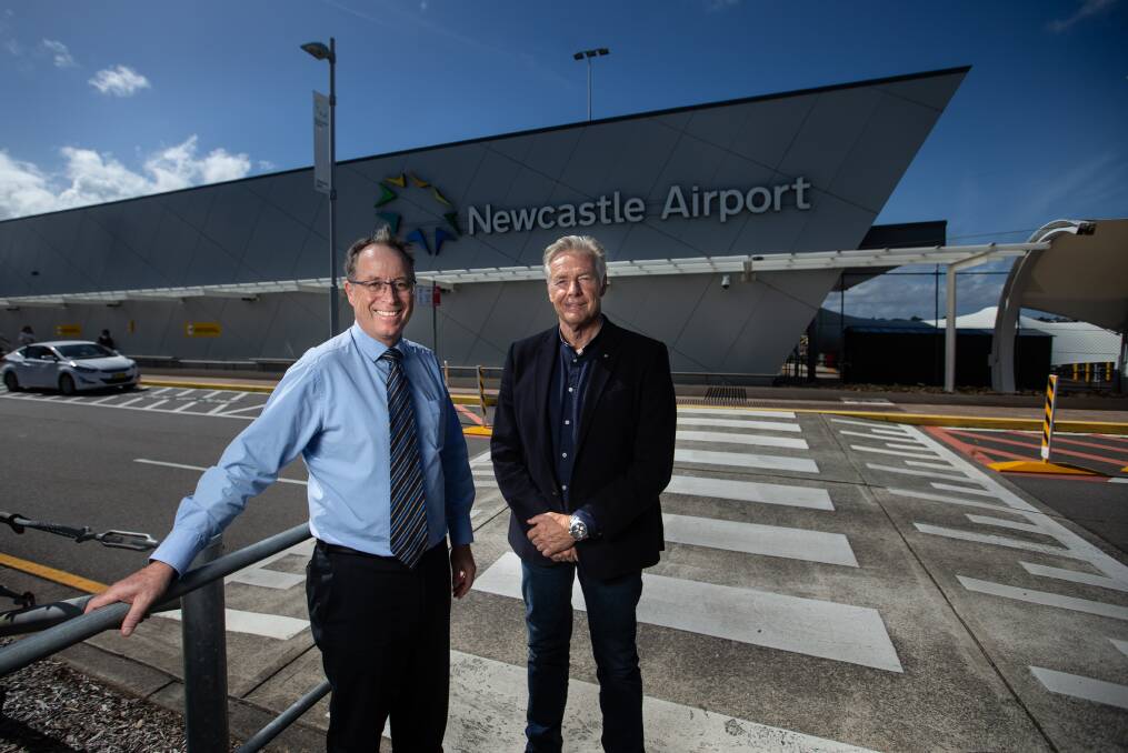 BID BOOM: Newcastle Airport chief executive Dr Peter Cock and Hunter Defence chair Tim Owen at the airport yesterday, backing the Port of Newcastle as an east coast nuclear submarine base. Picture: Marina Neil