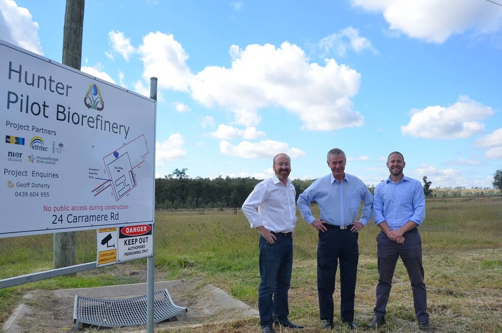 FIRST STEP: Muswellbrook mayor Martin Rush with Ethtec scientists Russell Reeves and Geoff Doherty in May 2018 at the 3.5ha site of its proposed facility.