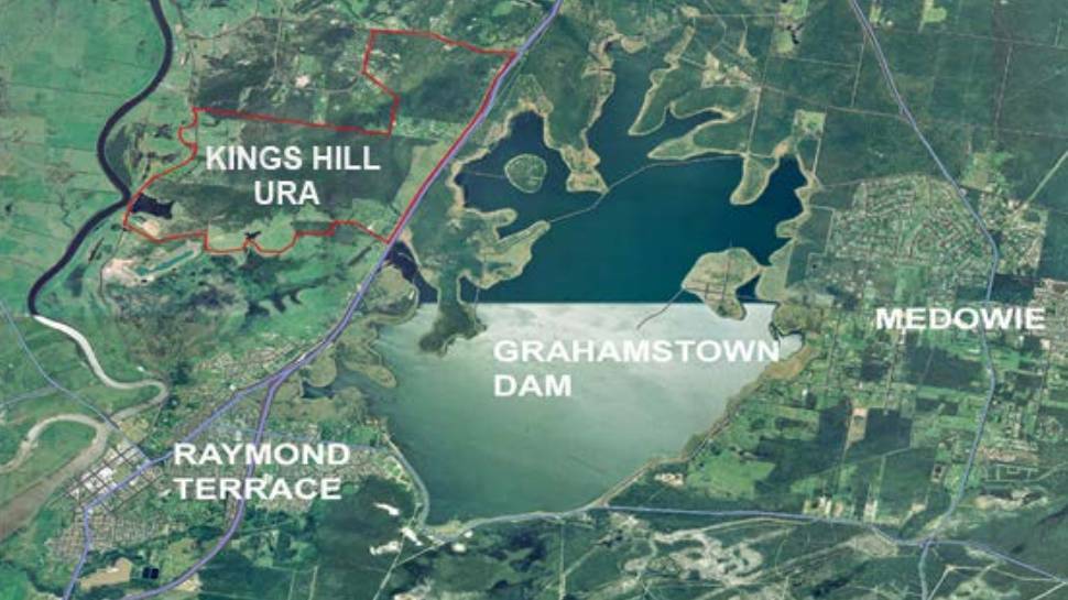 IN PERSPECTIVE: Kings Hill in relation to Raymond Terrace and surrounds. URA is short for Urban Release Area. Williamtown RAAF is off to the bottom right of the picture. The airstrip is pointed more or less towards the northern end of the existing Raymond Terrace housing area.