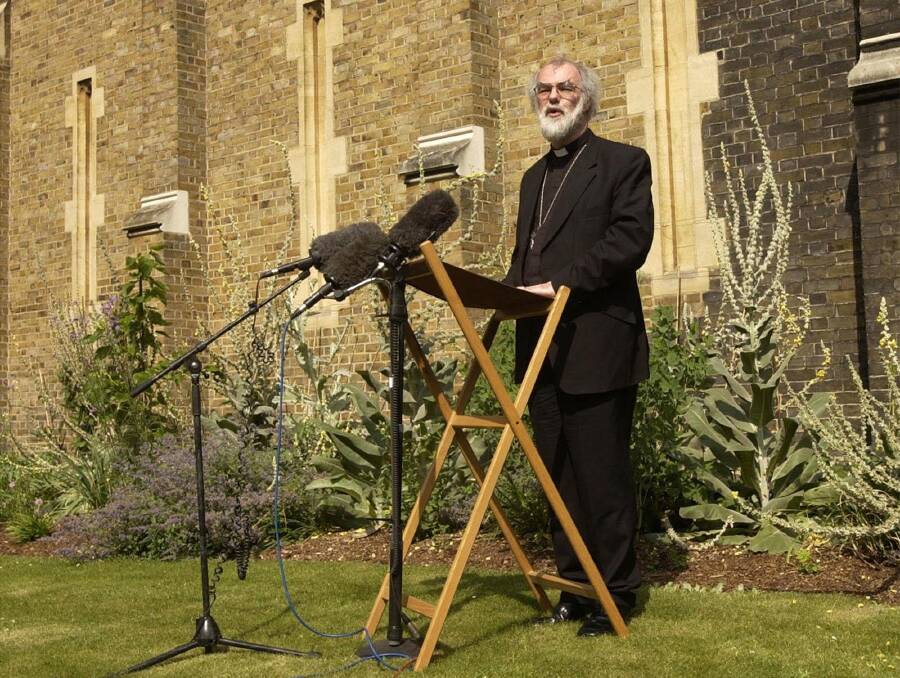 TURNING POINT: The Archbishop of Canterbury Rowan Williams, addressing the media in the Lambeth Palace gardens in London in 2003, to say the appointment of a gay bishop did not violate the Church of England's teaching. Conservatives in the church have been fighting a rearguard action ever since. 