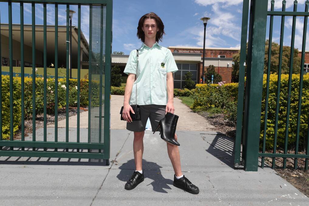 DEFIANT: Paddy Quilter-Jones outside his school at Wollongong earlier this year. Picture: Robert Peet