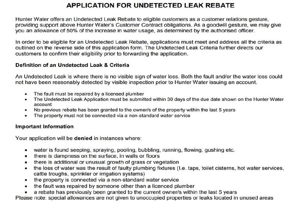 REBATE RULES: An extract from the online application form for Hunter Water customers seeking a leak rebate.