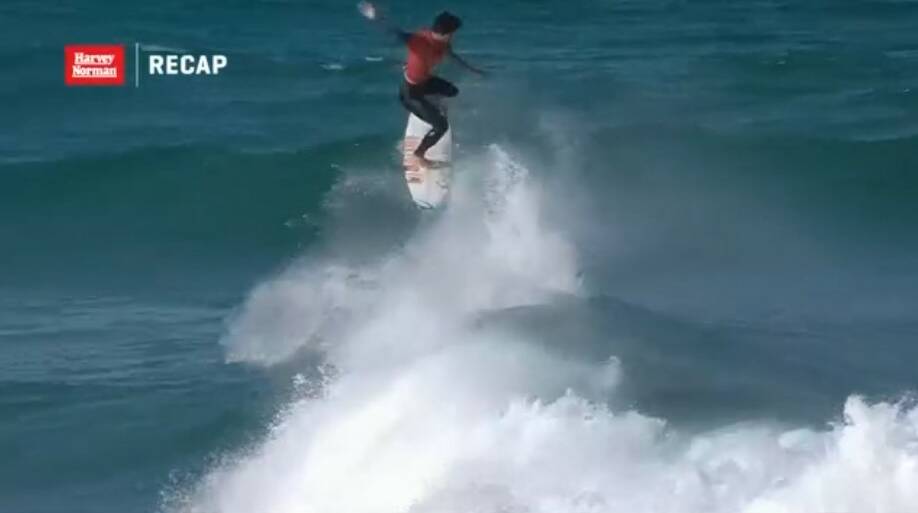 STATE OF THE ART: Gabriel Medina high above a small Narrabeen right, scoring a 9 and sealing his spot in the quarter finals. Picture: WSL screenshot
