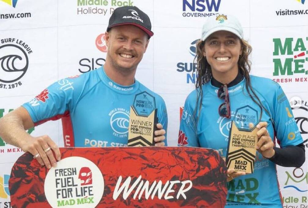  GRINNERS: Jackson Baker, first, and Philippa Anderson, second, at last month's Port Stephens Pro, hoping to convert QS success to the CT stage. Picture: Tom Bennett/WSL