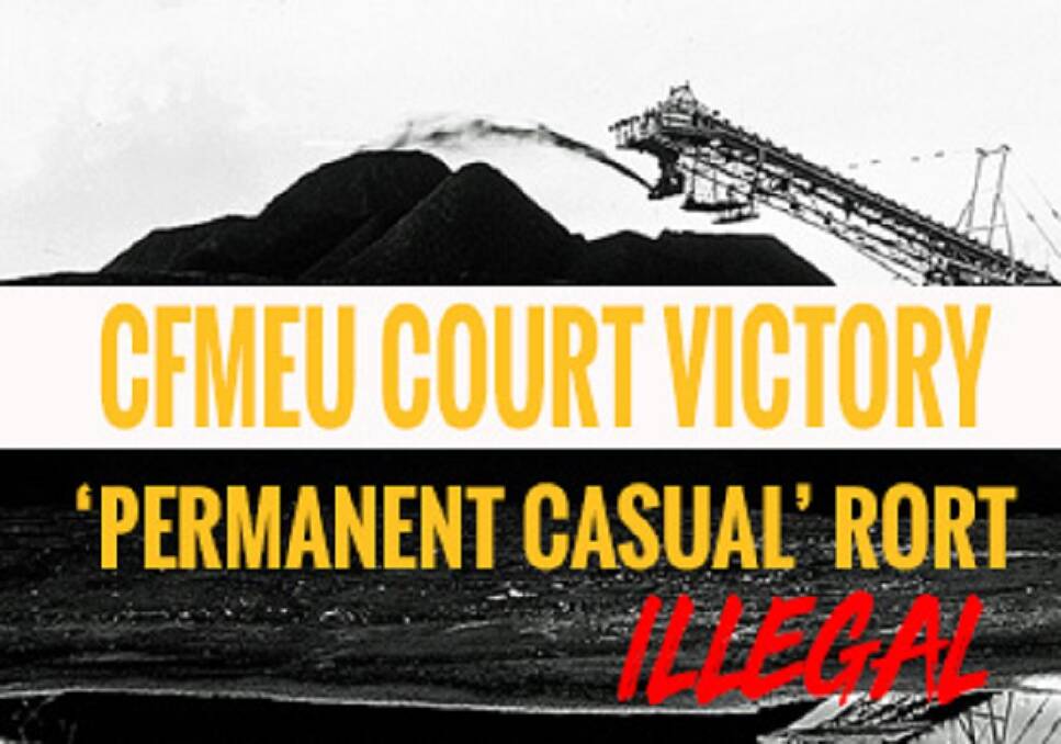 CFMEU artwork after the May 2020 Federal Court WorkPac v Rossato case, which has been appealed to the High Court, which reserved its decision yesterday after two days of hearing. The coal 'permanent casuals' controversy has become a major issue in the Upper Hunter by-election to be held on Saturday, May 22.