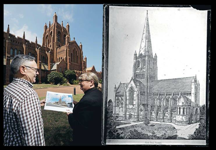 Barney Collins, Newcastle Dean Catherine Bowyer and Horbury Hunt's design. Photograph: Max Mason-Hubers. Image of the architect's sketch of the cathedral courtesy of the University of Newcastle's Living Histories collection, https://livinghistories.newcastle.edu.au/