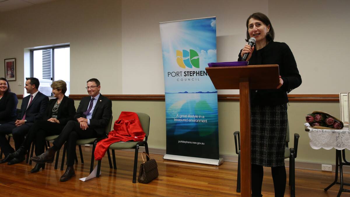 CAMPAIGN TRAIL: Premier Gladys Berejiklian speaks while Scot MacDonald and Catherine Cusack sit next to each other in August this year. Lobbying for preselection was well under way at this point. Picture: Ian Kirkwood