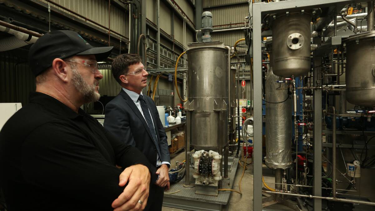 Energy and Emissions Reduction Minister Angus Taylor at MCI at Shortland with chief executive Marcus Dawe in March this year. Picture: Simone De Peak