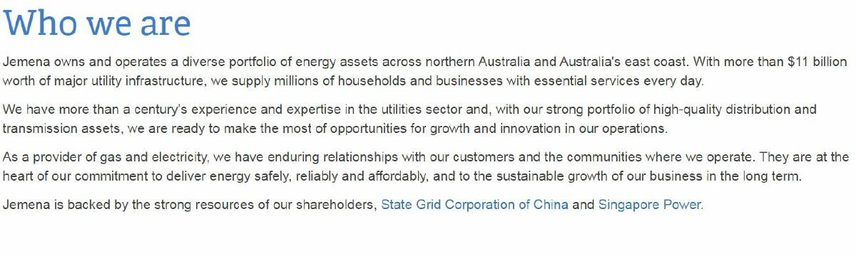 OWNERSHIP: A page from Jemena's website outlining its owners, State Grid Corporation of China (60 per cent) and Singapore Power (40 per cent). 