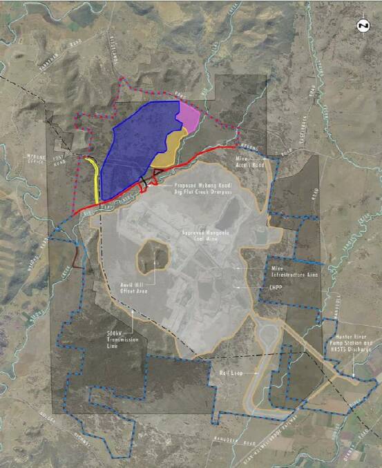 The expansion area. Blue is mining, yellow is overburden emplacement and pink topsoil stockpile. Source: IPC report