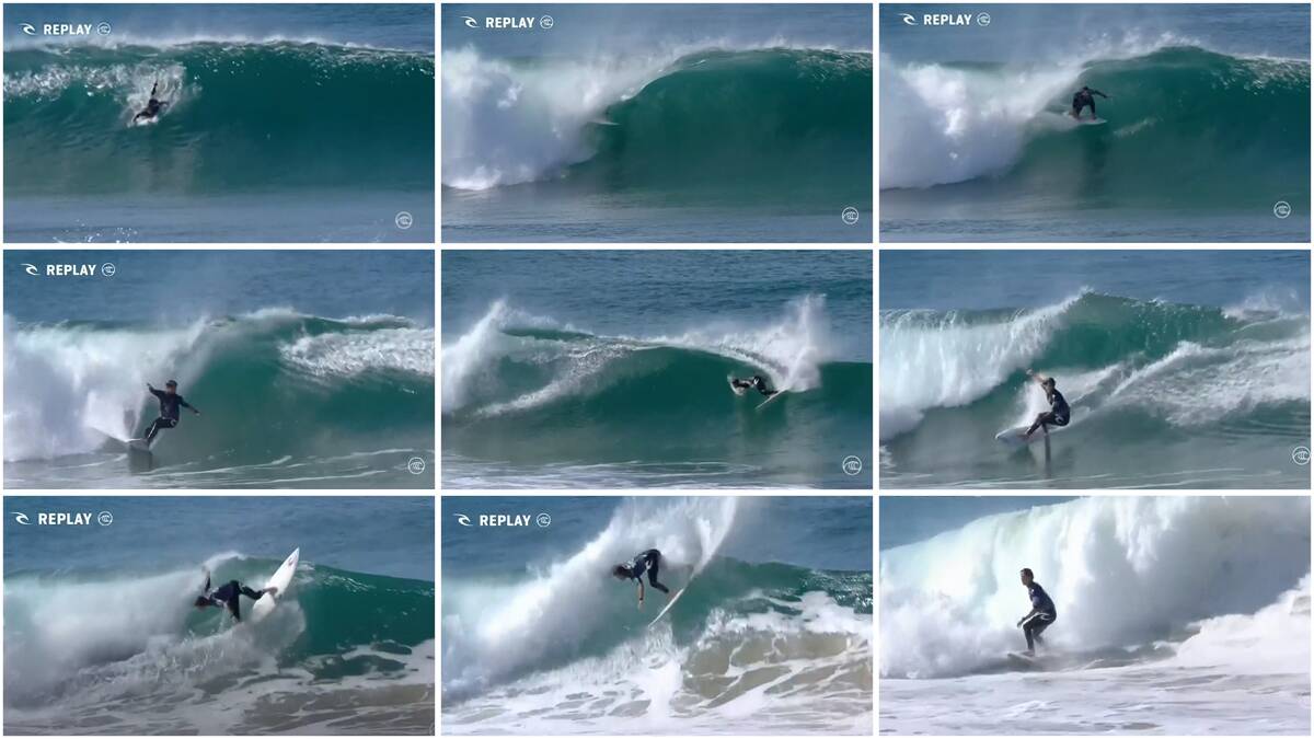 A NATURAL TALENT: Morgan Cibilic's 8.53 this morning against Gabriel Medina. He takes off deep, is covered before he gets to his feet. Scores a long tube ride and then comes out, makes a roundhouse cutback and then finishes with a backhand re-entry. Pictures: WSL video screenshots