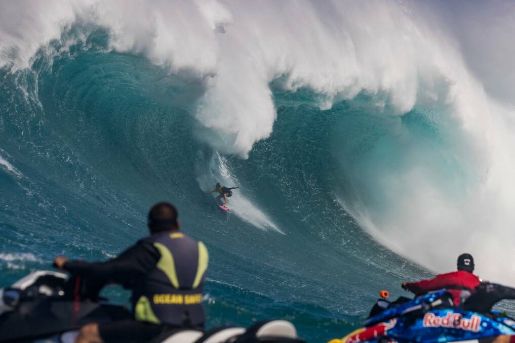 SPEED CAMERA: Justine Dupont at Jaws in January. She says her GoPro camera clocked her at 66kmh. Over to you, boys. Picture: Jeremiah Klein/WSL
