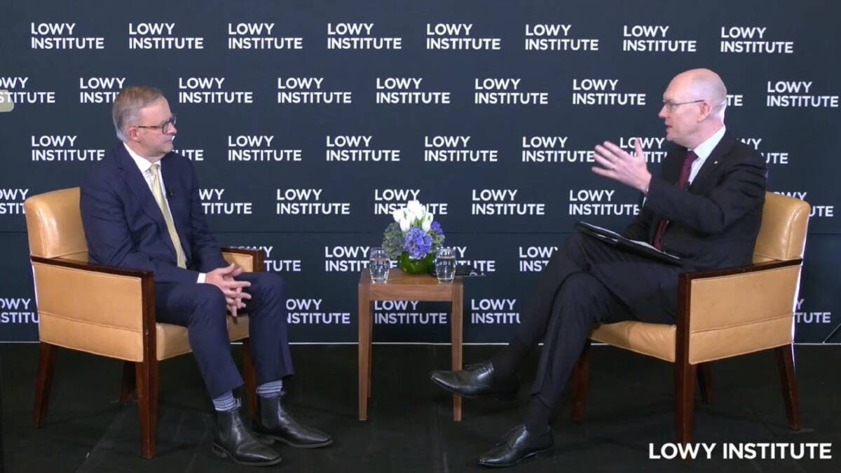 THE OTHER SIDE: Opposition leader Anthony Albanese in conversation yesterday with Lowy Institute executive director Michael Fullilove on the AUKUS submarines and defence policy more generally. Picture: Lowy Institute livestream screenshot 