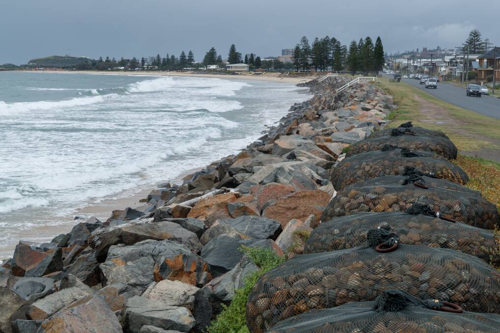 The Stockton foreshore yesterday, showing successive rock barriers. Picture by Max Mason-Hubers