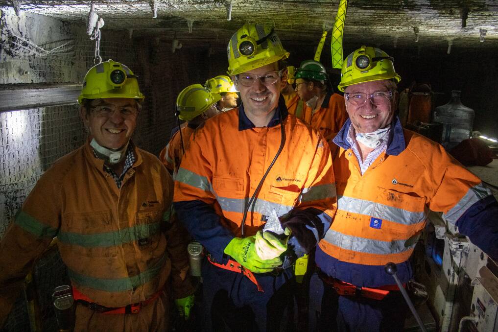 UNDERGROUND MOVEMENT: David Gillespie, Matt Canavan and Barnaby Joyce underground at Centennial Coal's Mandalong mine yesterday. Picture: William Rollo