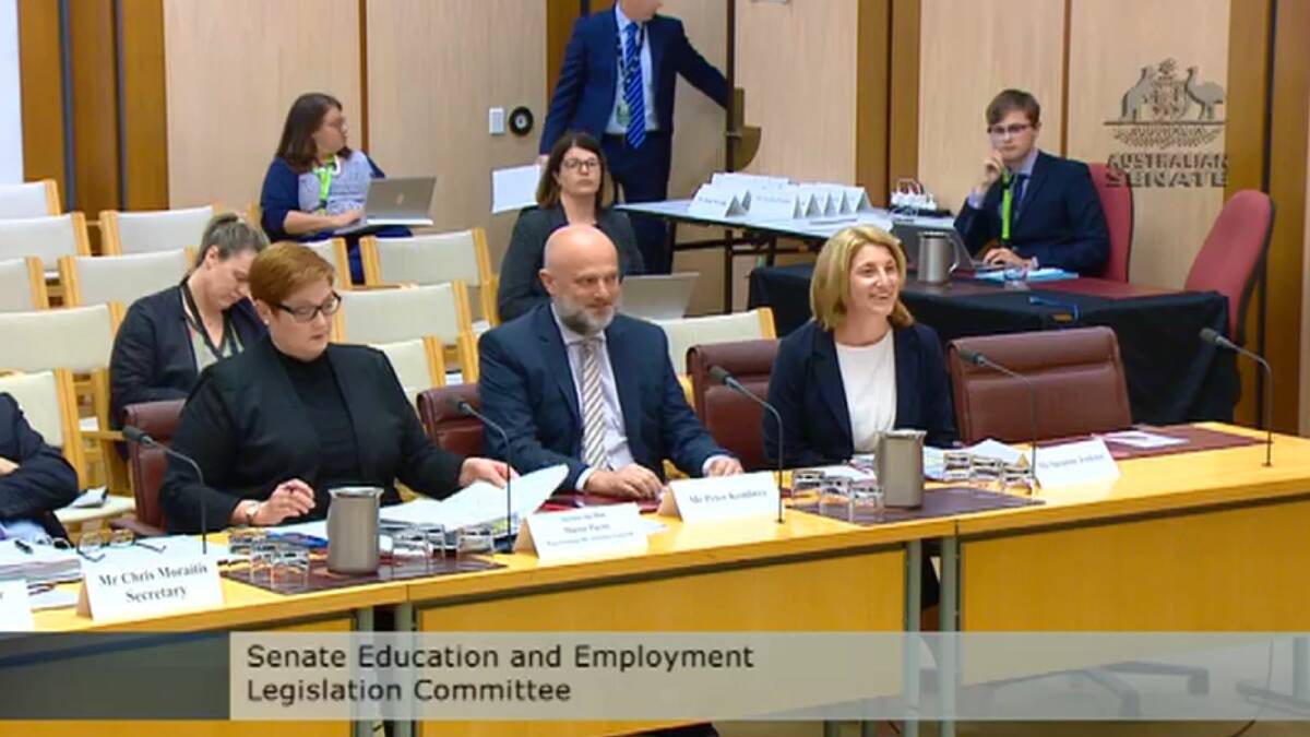 Senator Marise Payne, representing the Attorney-General, Christian Porter, Coal LSL general manager, legal, Peter Kembrey, and its deputy chief executive, Suzanne Jenkins. Coal LSL sits in the attorney general's department, having been moved there in May this year from the Department of Employment, Skills, Small and Family Business. 