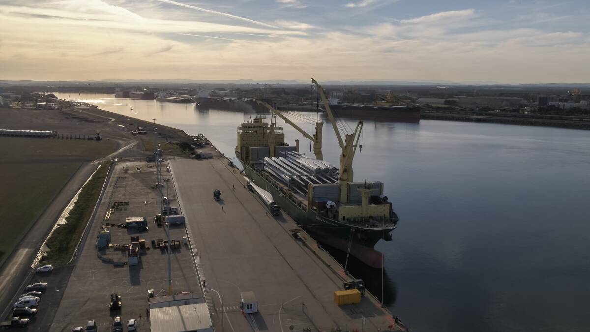 AS IT IS: Wind turbine parts being unloaded from a ship at the Mayfield 4 berth in front of the former BHP steelworks site. The privatised Port of Newcastle operates the business under a 'landlord' model, charging for services but also providing land for commercial use. Picture: Port of Newcastle