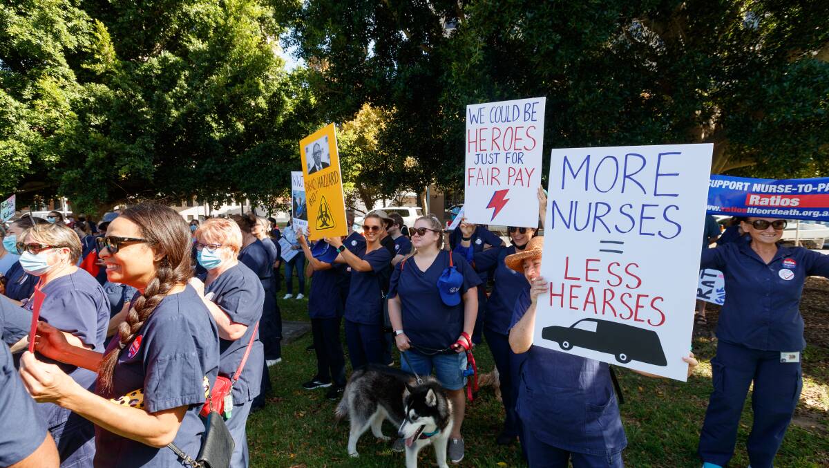 Hunter nurses and midwives protesting in Civic Park in February this year as part of a statewide campaign of industrial action. Picture by Max-Mason Hubers