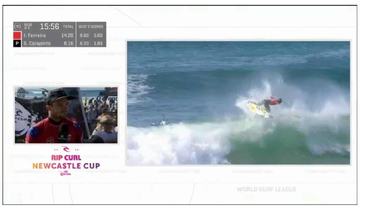 Ryan Callinan being interviewed as Italo Ferreira takes to the air. Picture: WSL screenshot