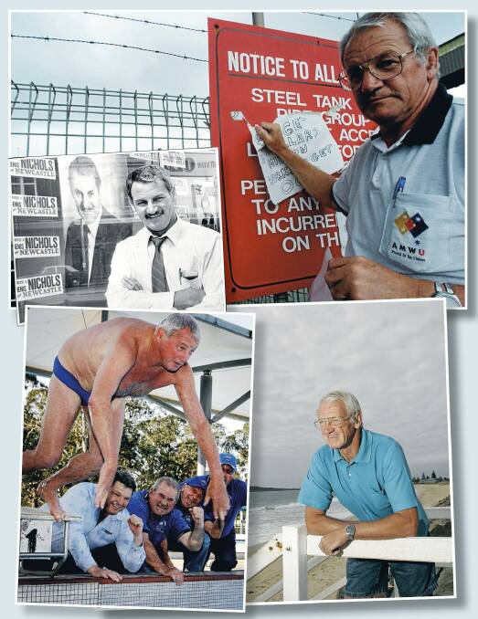 MODEST MAN: Denis Nichols, as a Labor candidate in 1988, on the job as a union official on a picket in 2000, in retirement in 2007 and swimming in 2008.