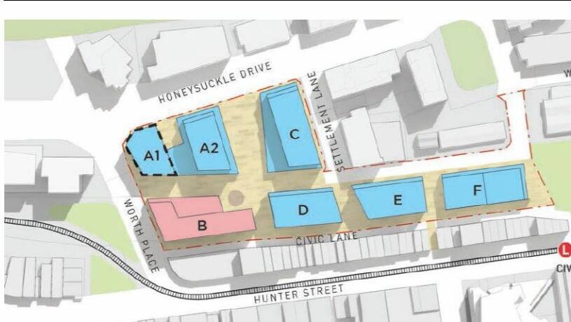 The buildings planned for the university. The building marked A1 is stage IA. Blue buildings are for academic purposes. Building B is student accommodation.