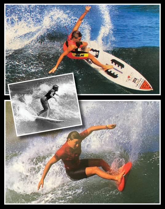 DRIVING HARD: Blacksmiths blaster Michelle Donoghoe in competition in the 1990s. The B&W shot is winning Surfest in 1986 by the Herald's Ken Robson.