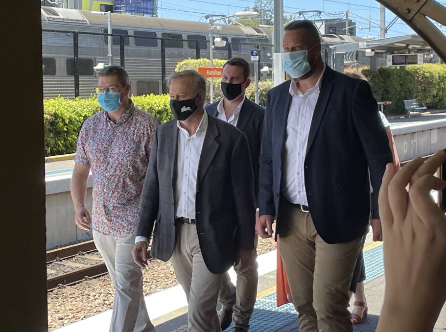ONE MORE TIME: Anthobny Albanese, with Pat Conroy, Gordon Reid and Daniel Repacholi walk for the cameras at Hamilton station. Picture: Ian Kirkwood