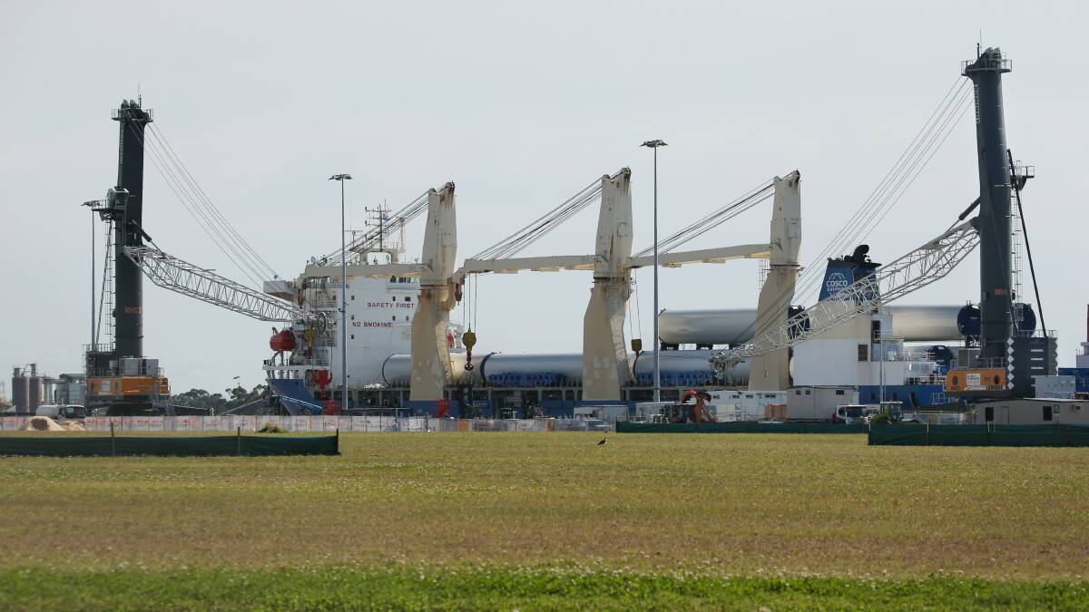 These two mobile cranes, on their first job in September at Mayfield 4 berth, can move containers and general cargo. Compare this with Botany, above. Picture by Simone De Peak
