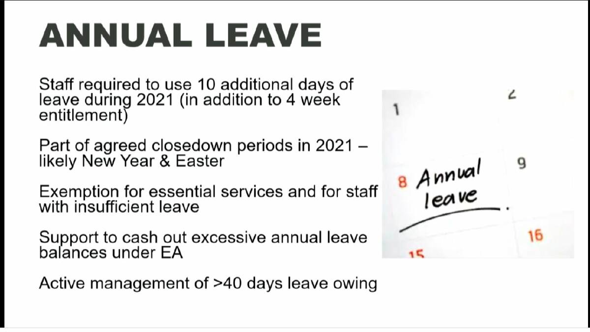 A slide of the university's plans to reduce its leave liabilities (the amounts it 'owes' to staff for untaken holidays, long service leave, etc, some changes being 'required' and other encouraged with incentives, such as cashing out leave.