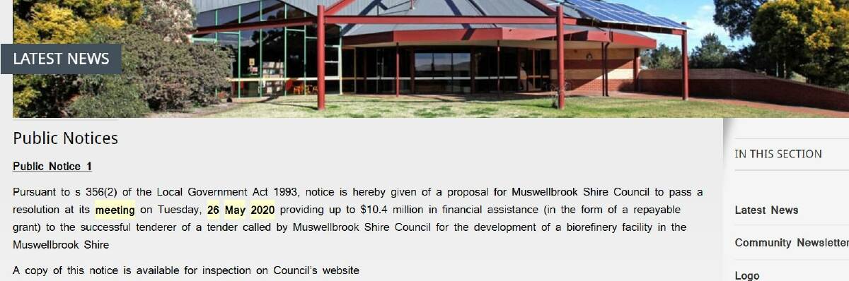 The notice on Muswellbrook Shire Council's website for the tender that closed on May 8. 