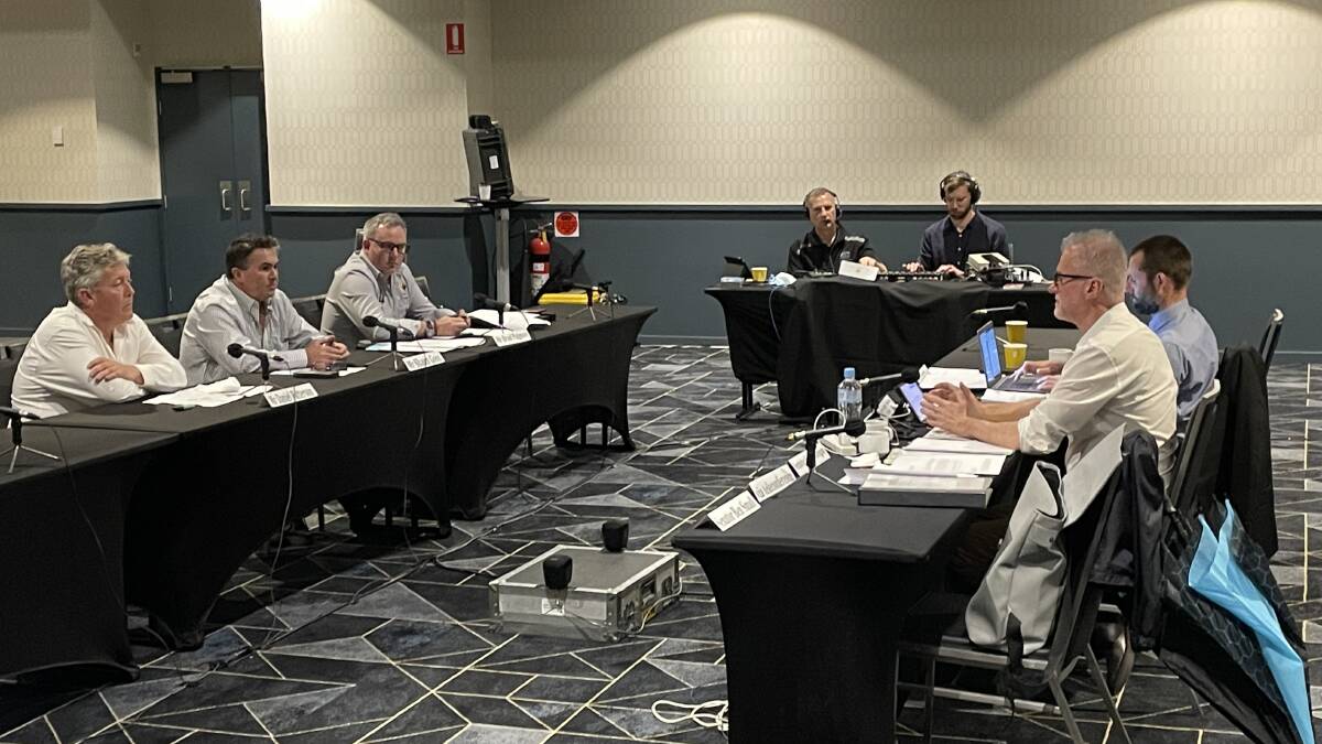 UNION VIEW: The Australian Manufacturing Workers Union representatives, from left, MacLab labour hire worker Daniel Patterson and delegate Shaun Goss, with organiser Brad Pidgeon, giving evidence to Tony Sheldon, with other committee members taking part online.