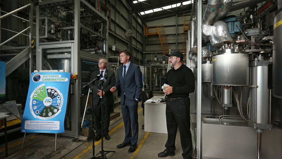 IMPRESSIVE KIT, IMPRESSIVE PEOPLE: So said federal minister Angus Taylor of MCi during yesterday's tour. With Mr Taylor are university vice-chancellor Alex Zelinsky and MCi chief executive Marcus Dawe. Picture: Simone De Peak