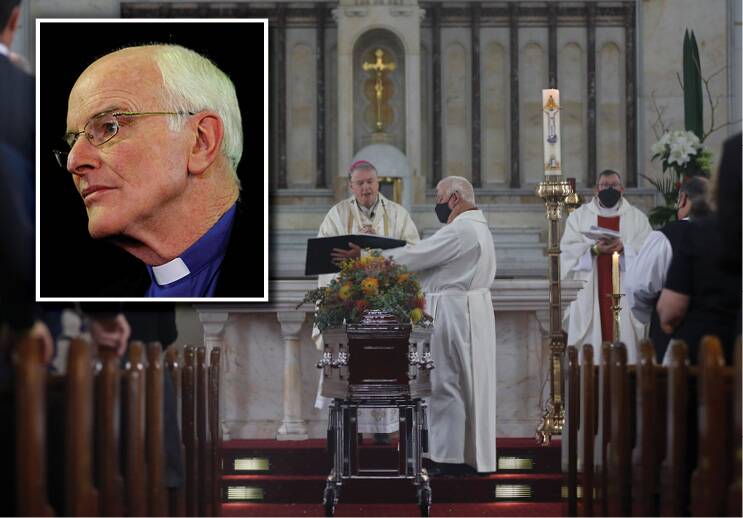 AN ERA ENDS: Bill Wright, the eighth Bishop of Maitland-Newcastle, and a scene from his service yesterday. Main picture: Peter Stoop