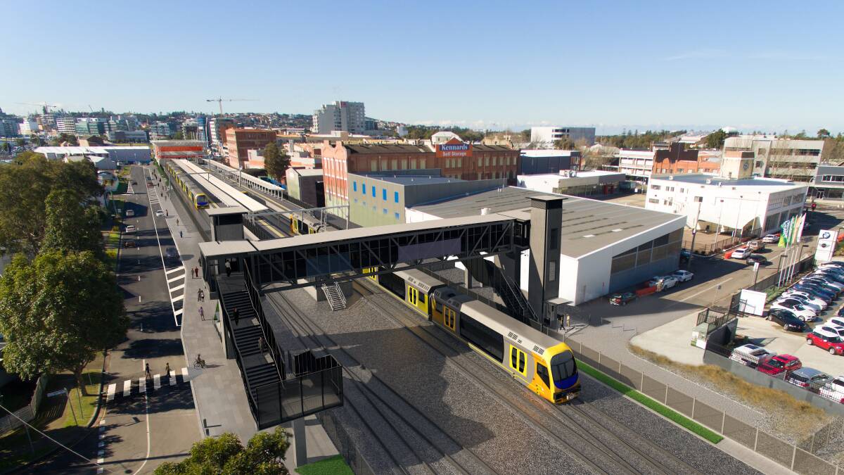 FUTURE VIEW: State government artwork of the new three-platform Newcastle Interchange, with a footbridge including lifts over Railway Street and a car drop-off space on Station Street.