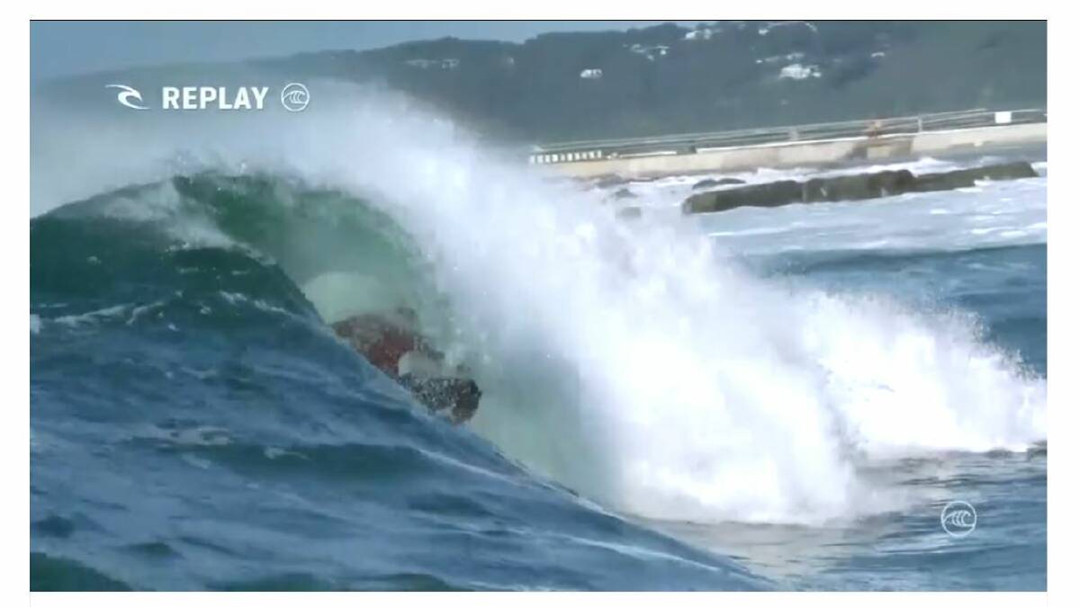 Ryan Callinan in his layback backhand barrel. It didn't add to his score at the time but the crowd loved it. Picture: WSL screenshot