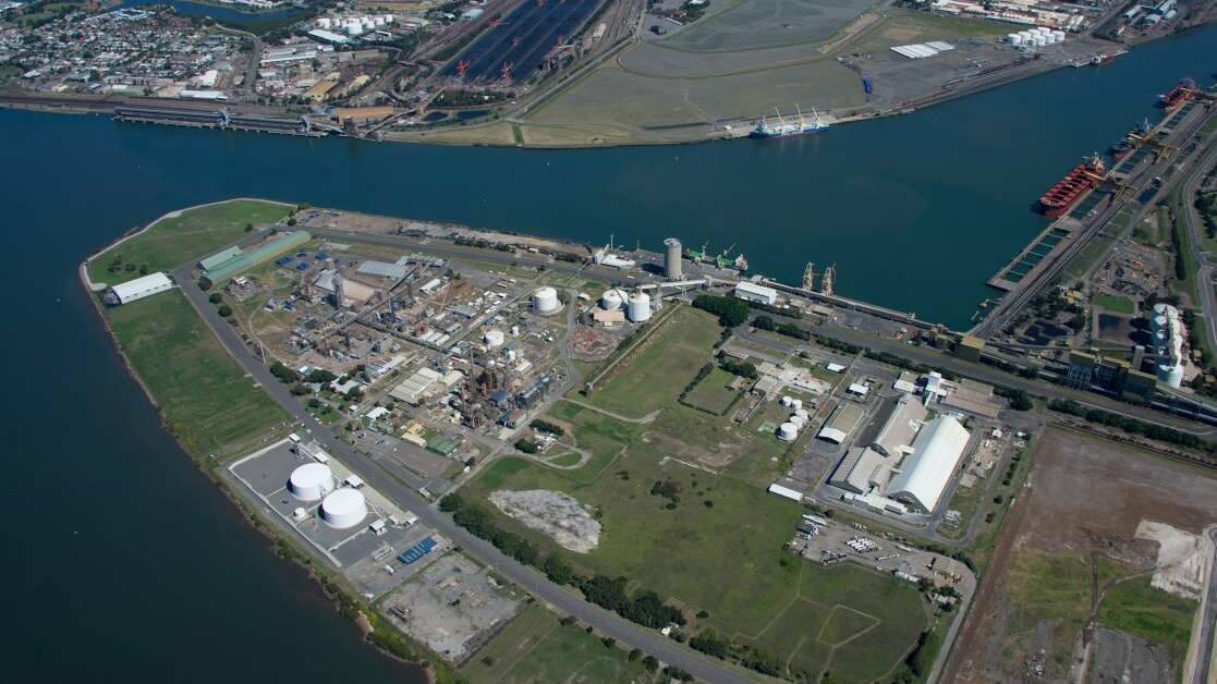Aerial view of Walsh Point, Kooragang Island, with the Park Fuel depot at the bottom left. Stolthaven's Mayfield site is at the top right of the picture, across the river.