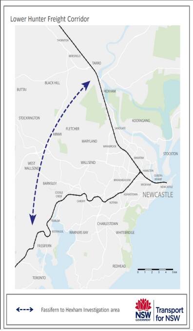 MORE DETAIL NEEDED: A graphic showing the general area of the Hexham to Fassifern rail bypass - the Lower Hunter Freight Corridor - produced in 2018.