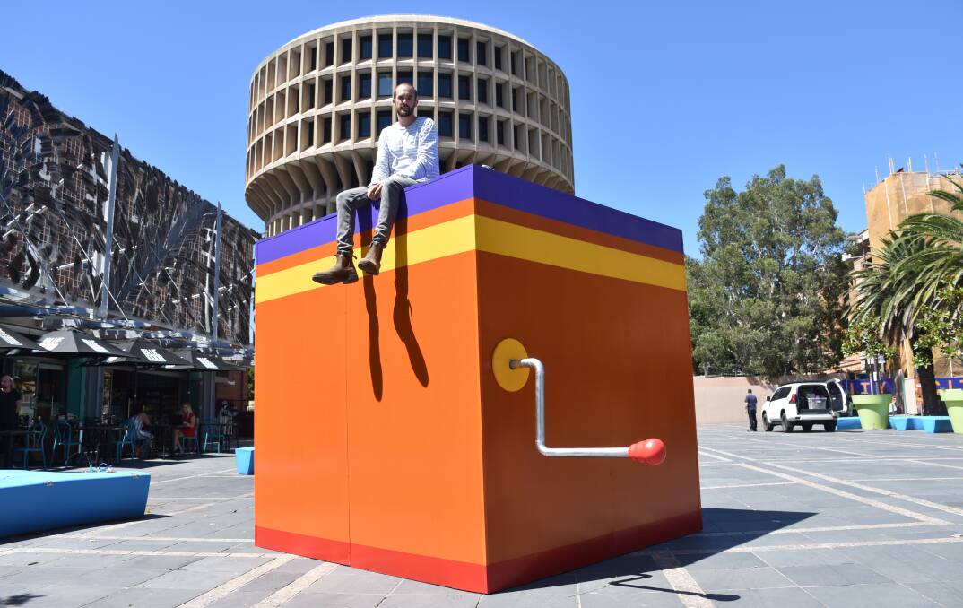 CONVERSATION STARTER: Newcastle Show general manager Gabe Robinson says this giant version of the show's jack-in-the-box mascot is designed to get people talking about the event. Pictures: Jessica Brown