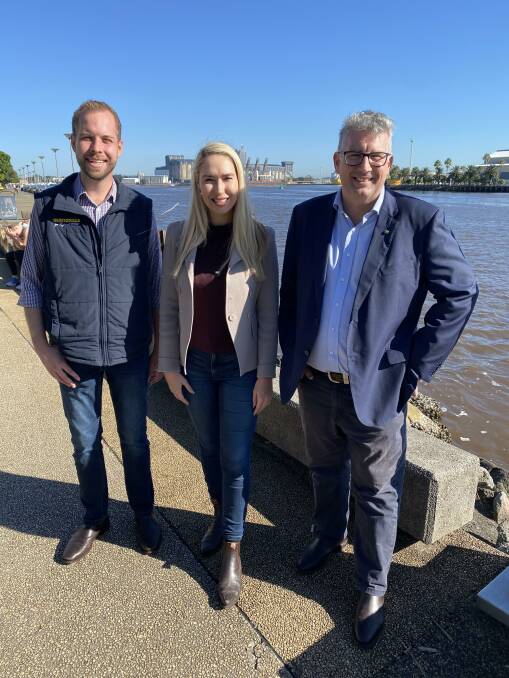 PIT TO PORT: James Thomson, Brooke Vitnell and Keith Pitt on Monday at the Port of Newcastle. Picture: National Party