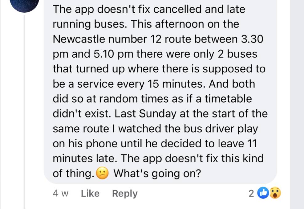 One of the many comments on the Newcastle Transport Facebook page operated by Keolis Downer.