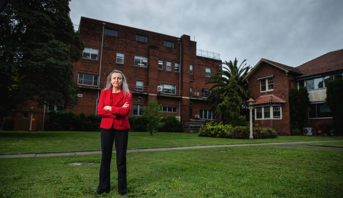 Wallsend MP Sonia Hornery on Friday, asking why Wallsend Aged Care Facility, behind her, is 60 per cent empty. Picture by Marina Neil.