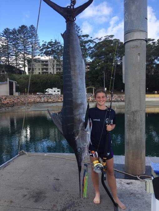 FISH OF THE WEEK:  Isabella Thwaites,14 years old, wins the Jarvis Walker tacklebox and Tsunami lure pack for this  73.1kg stripe marlin hooked off Port Stephens. 