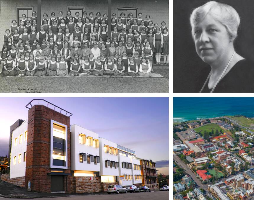 PASSAGE OF TIME: Top left clockwise, early alumni at NGS; founding principal Margaret Lawrence; an aerial of the Newcastle campus; and a view of the school from Newcomen Street.