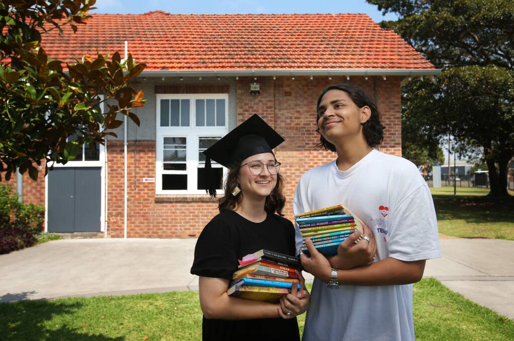 Hunter School of The Performing Arts (HSPA) student Tom Autard has an early offer of study at University of Newcastle and was inspired by his teacher Kat Miller-Little who graduated from UON this week with a Masters degree. Picture Simone De Peak 