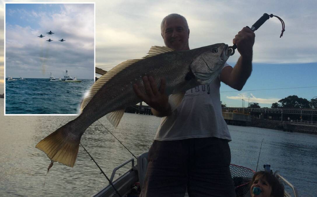FISH OF THE WEEK: Wayne Thoroughgood wins the prize this year for this 95cm mulloway hooked in Newcastle Harbour just on dusk this week. Inset, RAAF flyover at the Soldier On event last Wednesday.