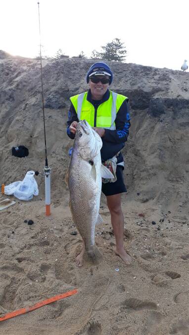 FISH OF THE WEEK: Allan Stace wins the Jarvis Walker tacklebox and Tsunami lure pack for this mighty mulloway caught at Stockton Beach recently.